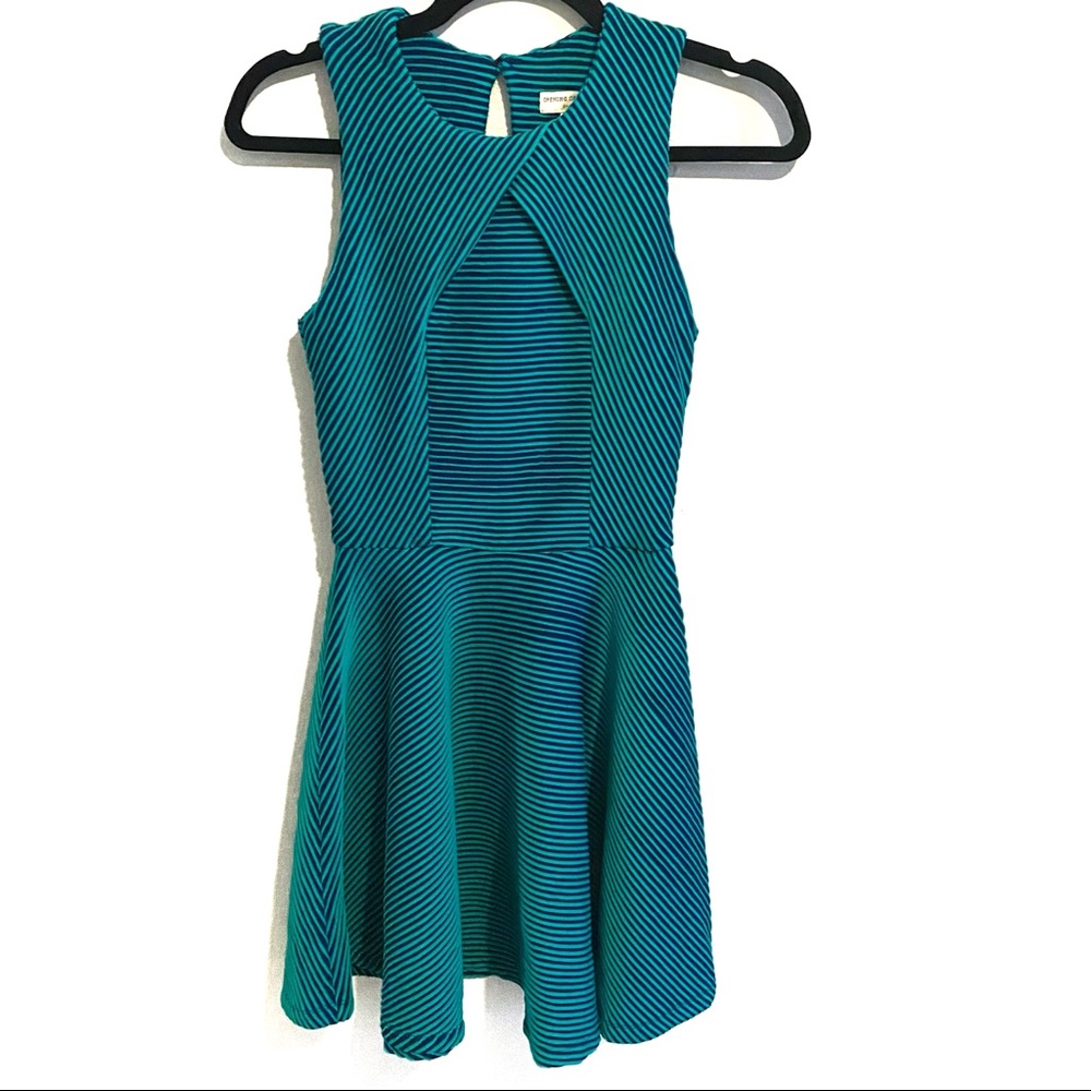 Opening Ceremony Striped Textured Fit and Flare Skater Mini Dress, 0, Green Blue